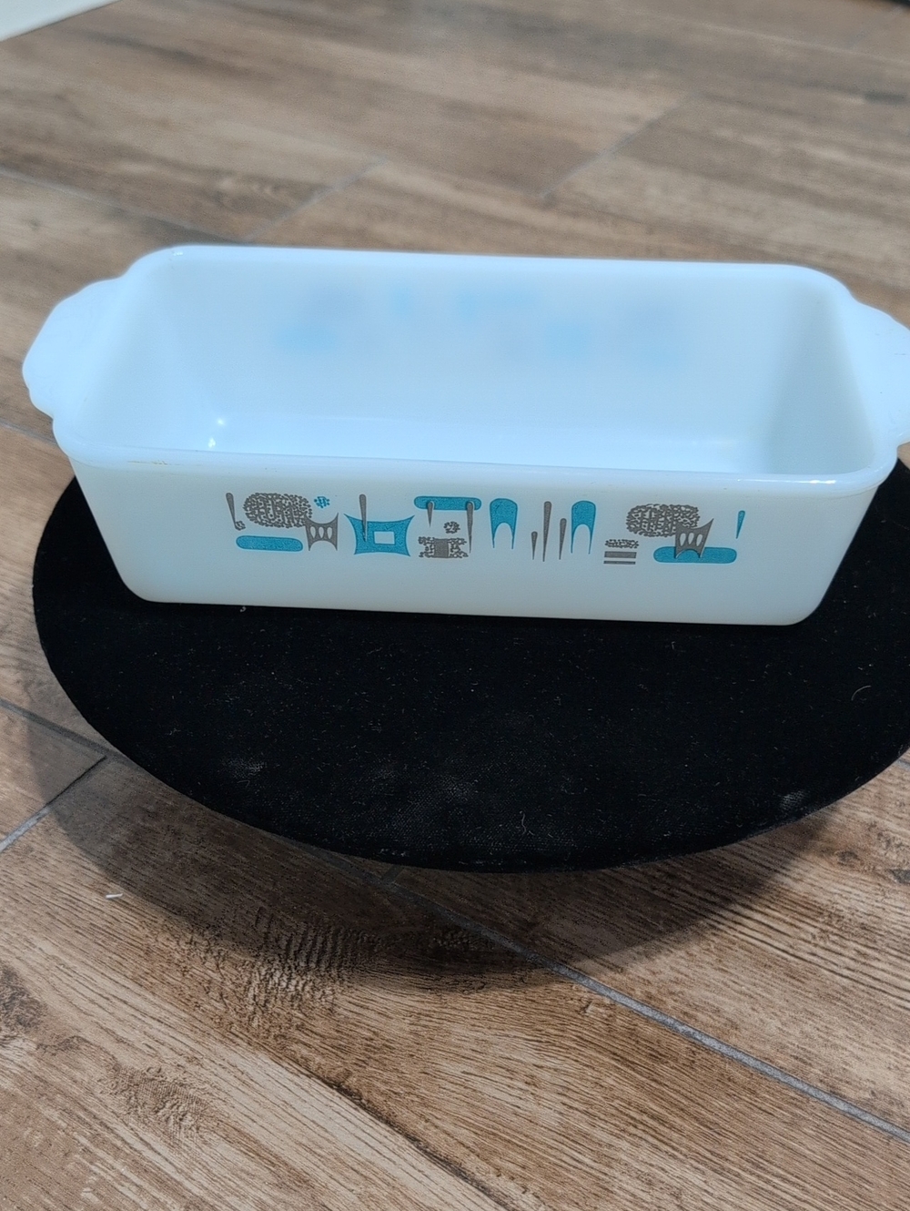 Mid-Century White Milk Glass Loaf Dish with Teal & Gray Atomic Motif
